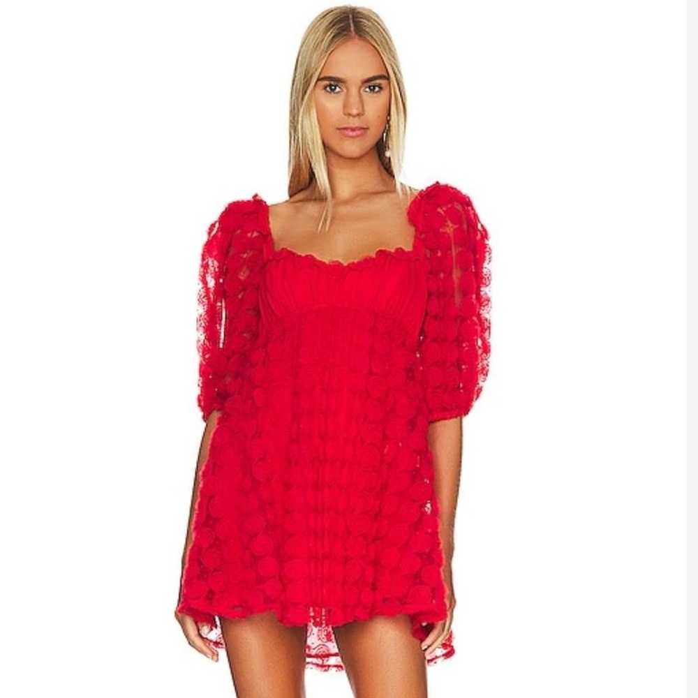 For Love And Lemons Red Puff Sleeve Ruffled mini Dress